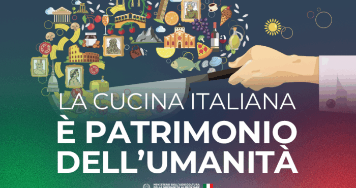 banner cucina. italiana patrimonio UNESCO: disegno di una mano con in mano una padella che fa saltare monumenti e cibi italiani disegnati
